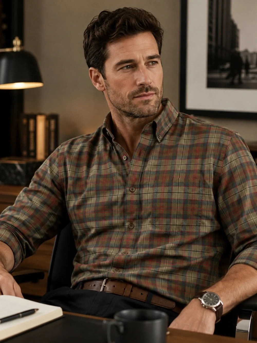 Banana Republic Men's Plaid Button-Down Shirt in Olive, Brown & Rust